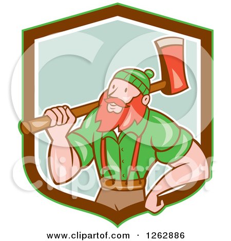 Clipart of a Cartoon Logger, Paul Bunyan, with an Axe in a Green Brown and White Shield - Royalty Free Vector Illustration by patrimonio