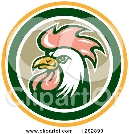 Clipart of a Retro Cartoon Rooster in a Yellow White and Green Circle - Royalty Free Vector Illustration by patrimonio