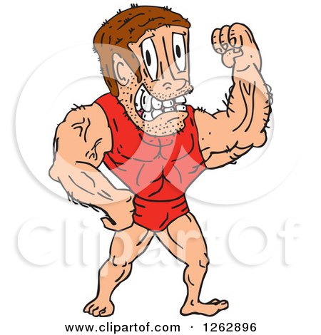 Clipart of a Cartoon Male Bodybuilder Flexing in a Red Suit - Royalty Free Vector Illustration by patrimonio