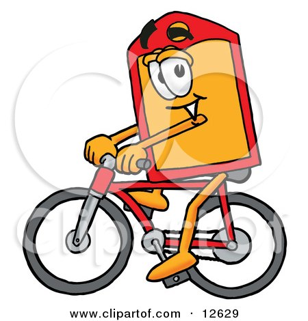 Clipart Picture of a Price Tag Mascot Cartoon Character Riding a Bicycle by Mascot Junction
