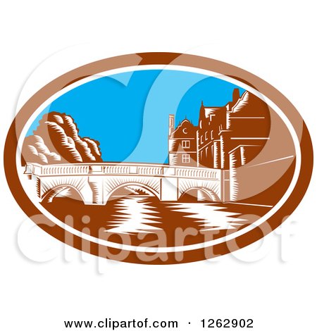 Clipart of a Woodcut Scene of the Trinity College Bridge in Cambridge, England Spanning the River Cam - Royalty Free Vector Illustration by patrimonio