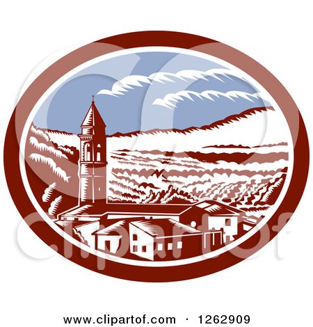 Clipart of a Retro Woodcut View of the Church Belfry Tower in Tuscany, Italy - Royalty Free Vector Illustration by patrimonio