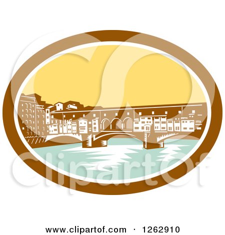Clipart of a Retro Woodcut View of the Arch Bridge of Ponte Vecchio in Florence, Firenze, Italy - Royalty Free Vector Illustration by patrimonio