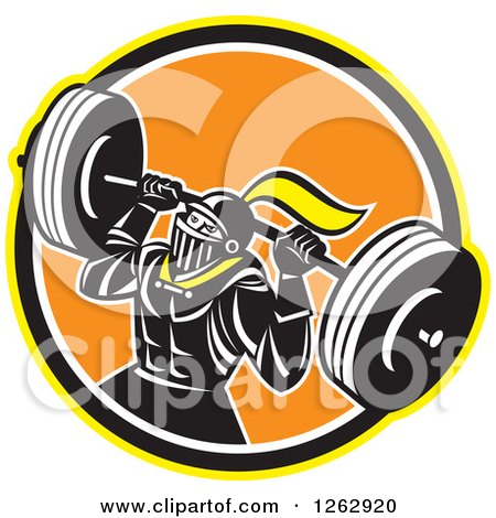 Clipart of a Retro Muscular Knight Doing Squats and Working out with a Barbell in a Yellow Black White and Orange Circle - Royalty Free Vector Illustration by patrimonio