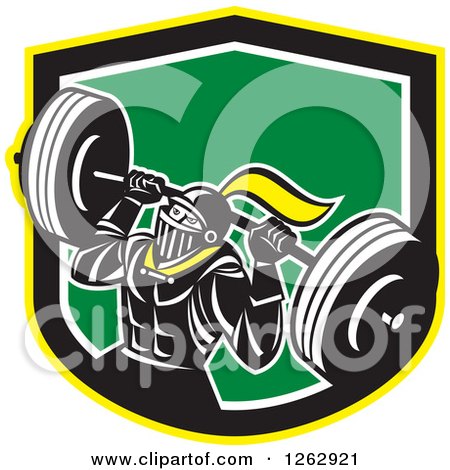 Clipart of a Retro Muscular Knight Doing Squats and Working out with a Barbell in a Yellow Black White and Green Shield - Royalty Free Vector Illustration by patrimonio