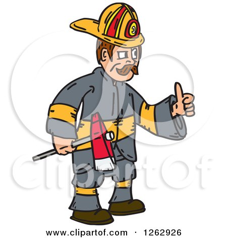 Clipart of a Cartoon Fireman Holding an Axe and Thumb up - Royalty Free Vector Illustration by patrimonio