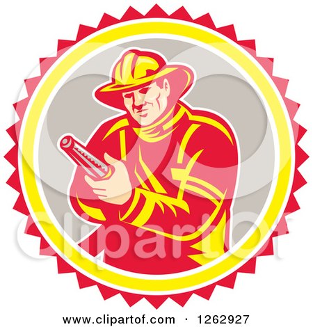 Retro Fireman Holding a Hose in a Yellow Gray White and Red Circle Posters, Art Prints