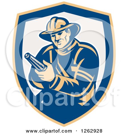 Retro Fireman Holding a Hose in a Yellow Blue and Taupe Shield Posters, Art Prints