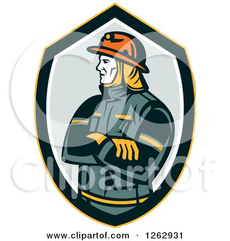 Retro Fireman with Folded Arms in a Shield Posters, Art Prints