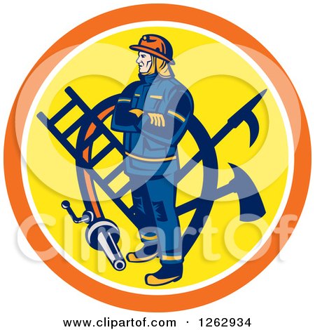 Retro Fireman with Tools and a Hose in an Orange White and Yellow Circle Posters, Art Prints