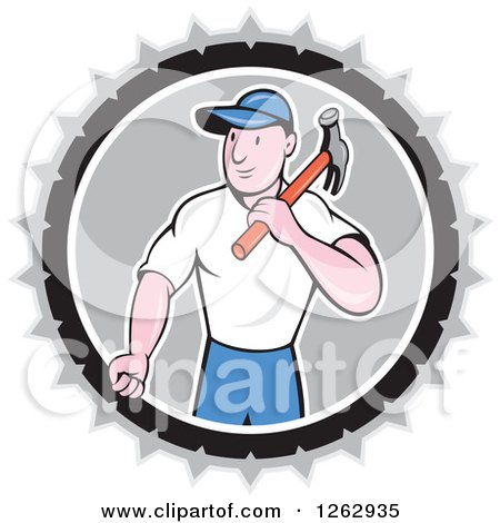 Clipart of a Retro Cartoon Carpenter with a Hammer in a Gray White and Black Circle - Royalty Free Vector Illustration by patrimonio