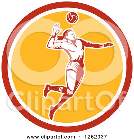 Clipart of a Retro Woodcut Female Volleyball Player Spiking in a Red White and Yellow Circle - Royalty Free Vector Illustration by patrimonio