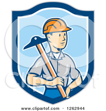 Clipart of a Cartoon Male Engineer Holding a T Square in a Blue Shield - Royalty Free Vector Illustration by patrimonio