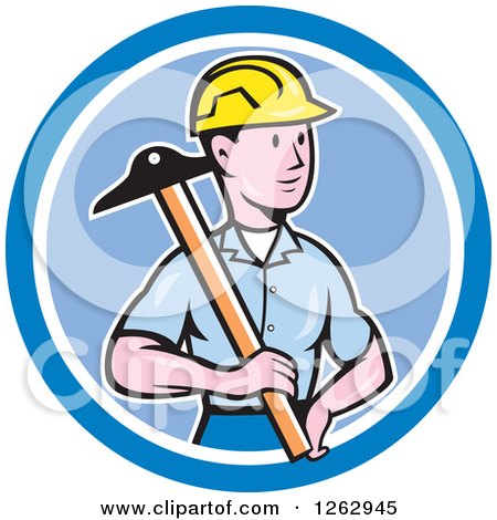 Clipart of a Cartoon Male Engineer Holding a T Square in a Blue Circle - Royalty Free Vector Illustration by patrimonio