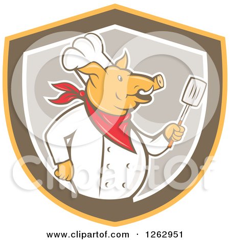 Clipart of a Retro Cartoon Chef Pig Holding a Spatula in a Yellow Brown and Taupe Shield - Royalty Free Vector Illustration by patrimonio