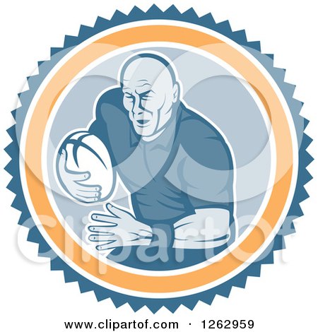 Clipart of a Retro Male Rugby Player Running in a Blue White and Orange Circle - Royalty Free Vector Illustration by patrimonio