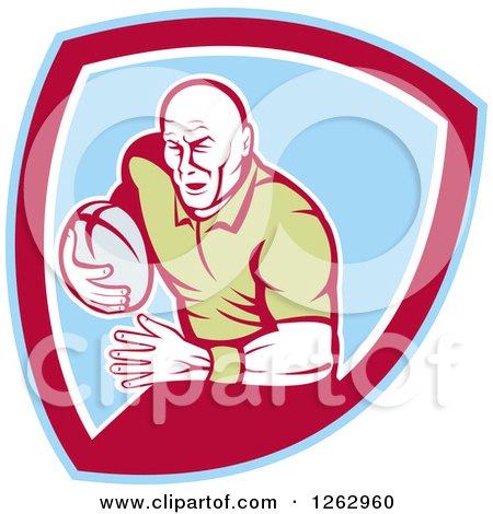 Clipart of a Retro Male Rugby Player Running in a Blue Red and White Shield - Royalty Free Vector Illustration by patrimonio