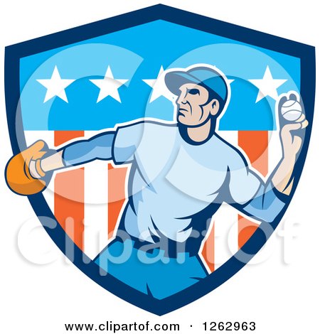 Clipart of a Male Baseball Player Pitching in an American Shield - Royalty Free Vector Illustration by patrimonio