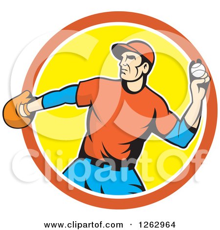 Clipart of a Male Baseball Player Pitching in an Orange White and Yellow Circle - Royalty Free Vector Illustration by patrimonio
