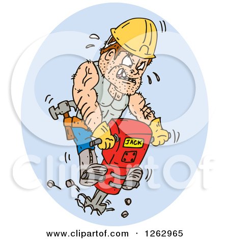 Clipart of a Cartoon Construction Worker on a Jackhammer - Royalty Free Vector Illustration by patrimonio