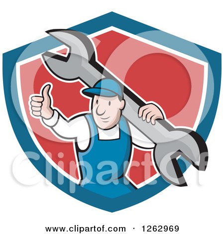 Clipart of a Cartoon Male Mechanic Holding a Thumb up and Carrying a Giant Wrench in a Blue White and Red Shield - Royalty Free Vector Illustration by patrimonio
