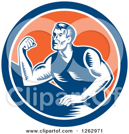 Clipart of a Retro Woodcut Male Arm Wrestling Champion in a Blue White and Orange Circle - Royalty Free Vector Illustration by patrimonio