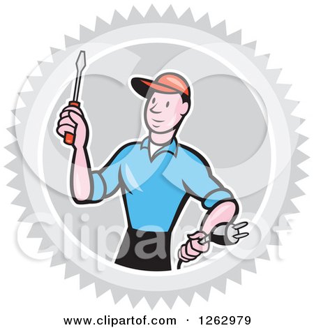 Clipart of a Cartoon Male Electrician Holding a Scredriver and Plug in a Gray Burst Circle - Royalty Free Vector Illustration by patrimonio