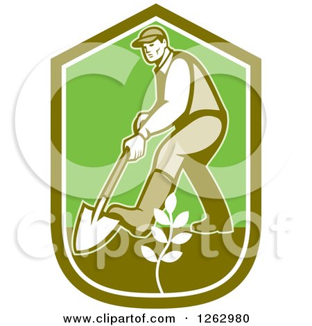 Clipart of a Retro Male Gardener Digging and Planting in a Green Shield - Royalty Free Vector Illustration by patrimonio