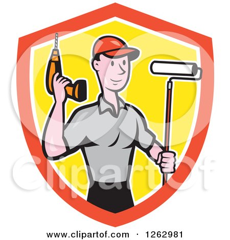 Clipart of a Cartoon Caucasian Male Handyman with a Paint Roller and Cordless Drill in a Shield - Royalty Free Vector Illustration by patrimonio