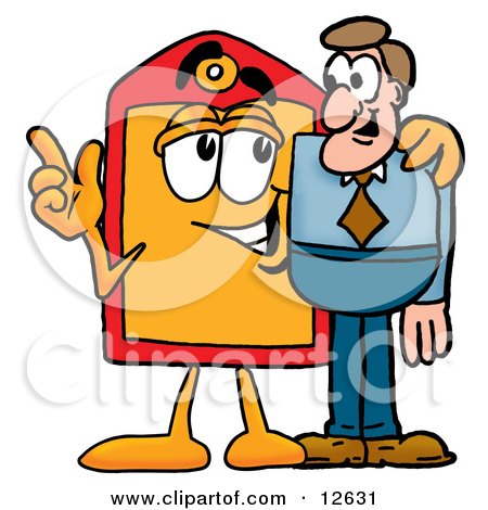 Clipart Picture of a Price Tag Mascot Cartoon Character Talking to a Business Man by Mascot Junction