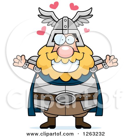 Clipart of a Cartoon Loving Chubby Thor with Open Arms and Hearts - Royalty Free Vector Illustration by Cory Thoman