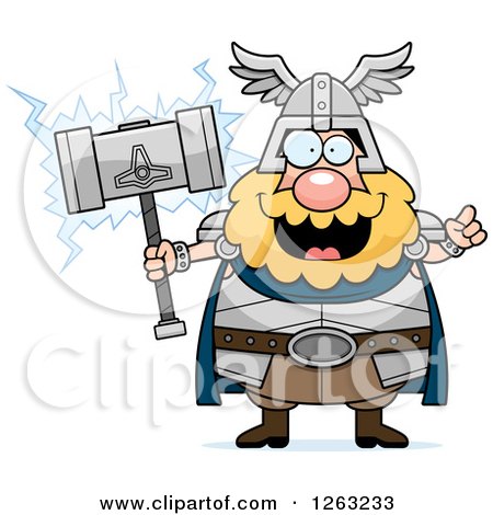 Clipart of a Cartoon Smart Chubby Thor Holding a Hammer - Royalty Free Vector Illustration by Cory Thoman