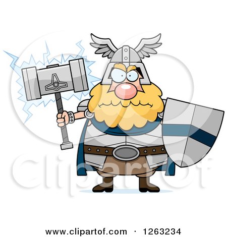 Clipart of a Cartoon Mad Chubby Thor Holding a Hammer and Shield - Royalty Free Vector Illustration by Cory Thoman