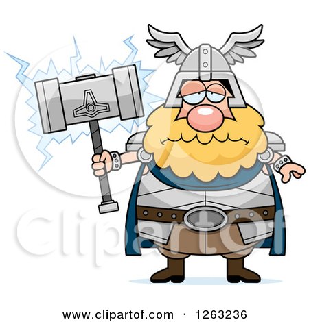 Clipart of a Cartoon Sad Depressed Chubby Thor Holding a Hammer - Royalty Free Vector Illustration by Cory Thoman