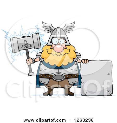 Clipart of a Cartoon Happy Chubby Thor Holding a Hammer by a Stone Sign - Royalty Free Vector Illustration by Cory Thoman
