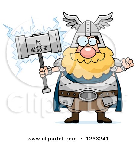 Clipart of a Cartoon Friendly Waving Chubby Thor Holding a Hammer - Royalty Free Vector Illustration by Cory Thoman