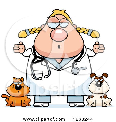 Clipart of a Cartoon Careless Shrugging Chubby Blond White Female Veterinarian with a Cat and Dog - Royalty Free Vector Illustration by Cory Thoman