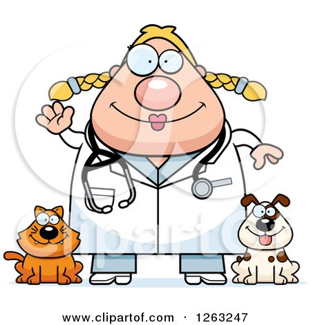 Clipart of a Cartoon Friendly Waving Chubby Blond White Female Veterinarian with a Cat and Dog - Royalty Free Vector Illustration by Cory Thoman