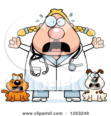 Clipart of a Cartoon Scared Screaming Chubby Blond White Female Veterinarian with a Cat and Dog - Royalty Free Vector Illustration by Cory Thoman