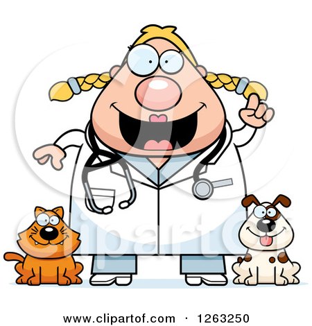 Clipart of a Cartoon Smart Chubby Blond White Female Veterinarian with a Cat and Dog and an Idea - Royalty Free Vector Illustration by Cory Thoman
