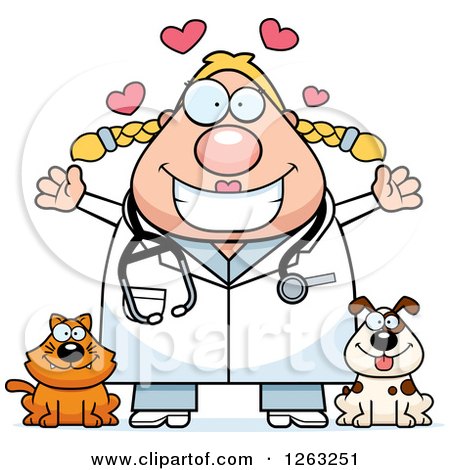 Clipart of a Cartoon Loving Chubby Blond White Female Veterinarian with a Cat and Dog - Royalty Free Vector Illustration by Cory Thoman