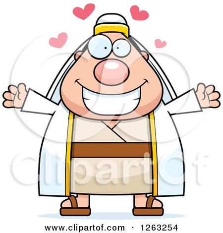 Clipart of a Cartoon Chubby Loving Male Shepherd with Open Arms and Hearts - Royalty Free Vector Illustration by Cory Thoman