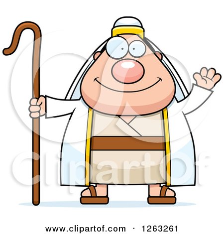 Clipart of a Cartoon Friendly Waving Chubby Male Shepherd - Royalty Free Vector Illustration by Cory Thoman