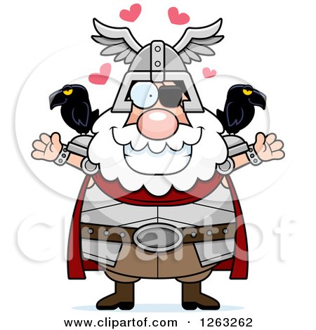 Clipart of a Cartoon Loving Chubby Odin with Open Arms and Hearts - Royalty Free Vector Illustration by Cory Thoman