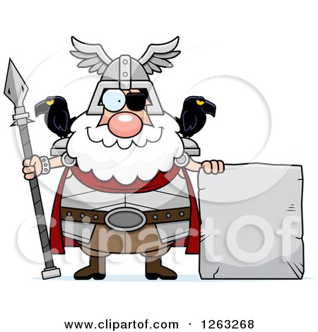Clipart of a Cartoon Happy Chubby Odin with a Stone Sign - Royalty Free Vector Illustration by Cory Thoman
