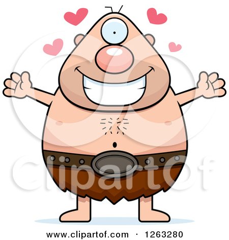Clipart of a Cartoon Loving Cyclops Man with Open Arms and Hearts - Royalty Free Vector Illustration by Cory Thoman