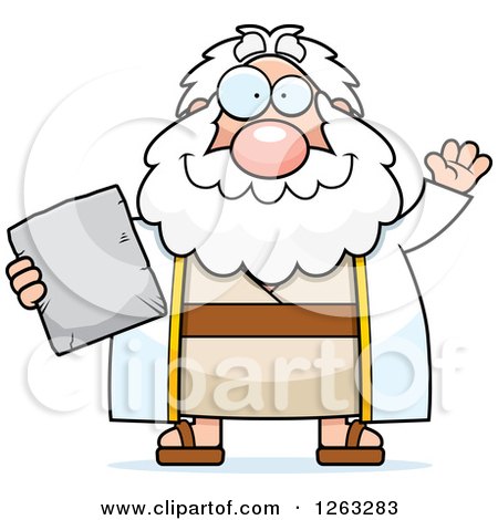 Clipart of a Cartoon Friendly Waving Chubby Moses Holding a Tablet - Royalty Free Vector Illustration by Cory Thoman