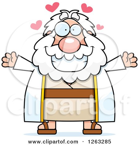 Clipart of a Cartoon Loving Chubby Moses with Open Arms and Hearts - Royalty Free Vector Illustration by Cory Thoman