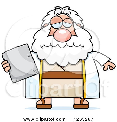 Clipart of a Cartoon Sad Depressed Chubby Moses Holding a Tablet - Royalty Free Vector Illustration by Cory Thoman