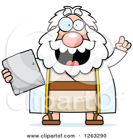 Clipart of a Cartoon Smart Chubby Moses Holding a Tablet with an Idea - Royalty Free Vector Illustration by Cory Thoman